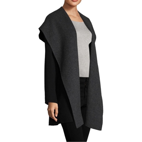 Vince Black & Gray Double Face Open Drape Hooded Wool Coat size Medium - Picture 2 of 10